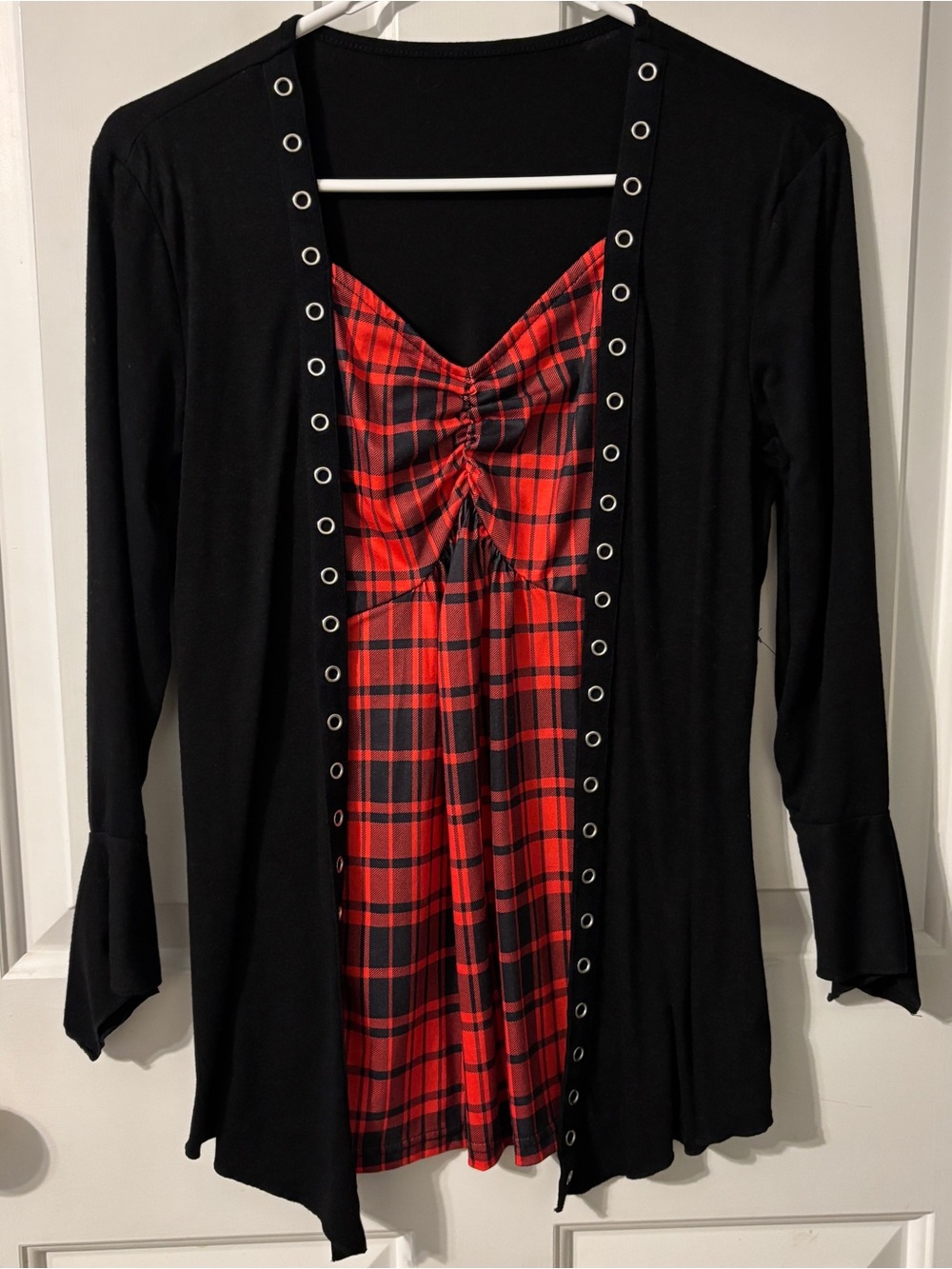 Red Plaid Ruched Top with Black Overlay